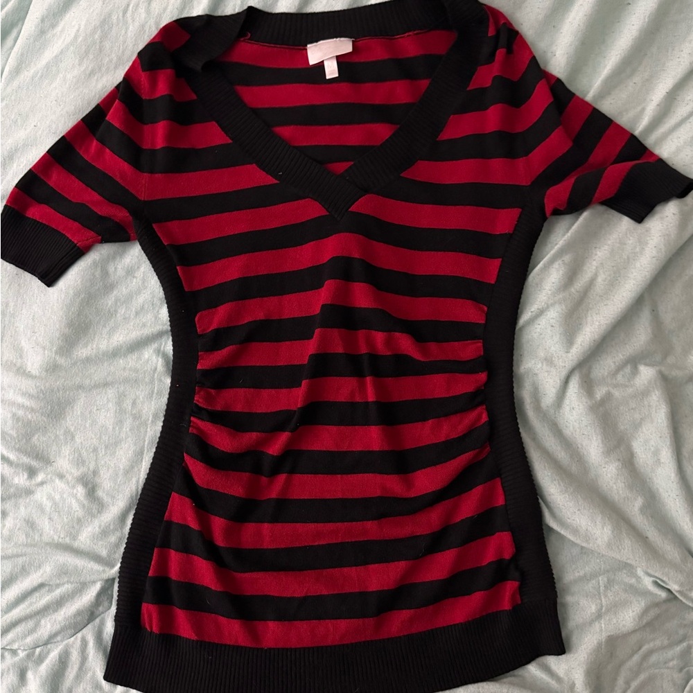 Red and Black Striped V-Neck Sweater